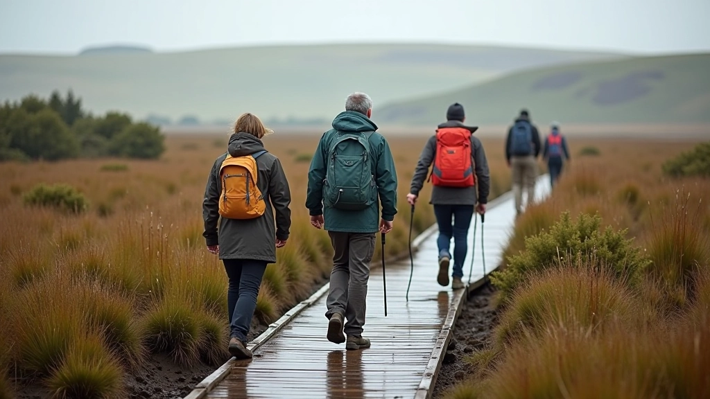 Hikers on wooden boardwalk trail crossing Irish bog landscape in wet weather conditions