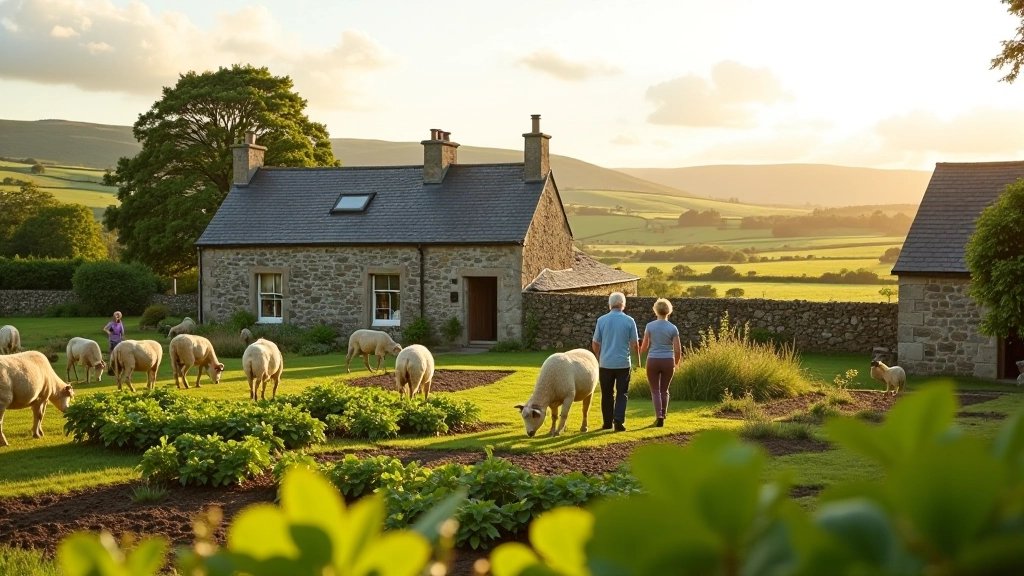 Farmyard scene with seasonal vegetables and traditional Irish farmhouse