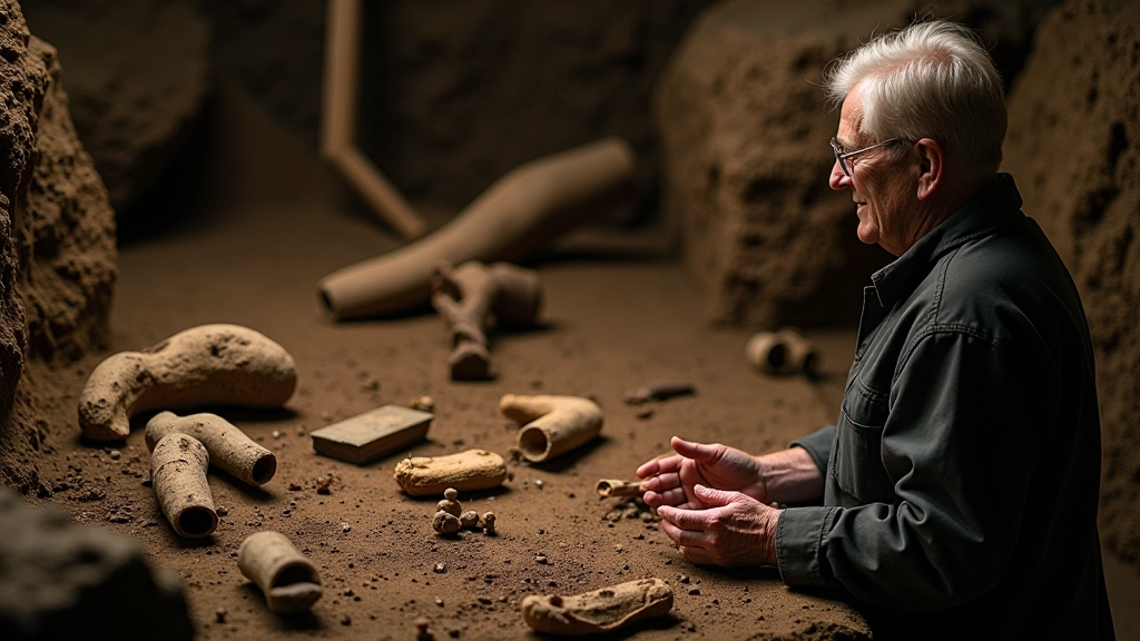 Archaeological excavation of ancient bog finds including preserved wood artifacts and preserved organic materials