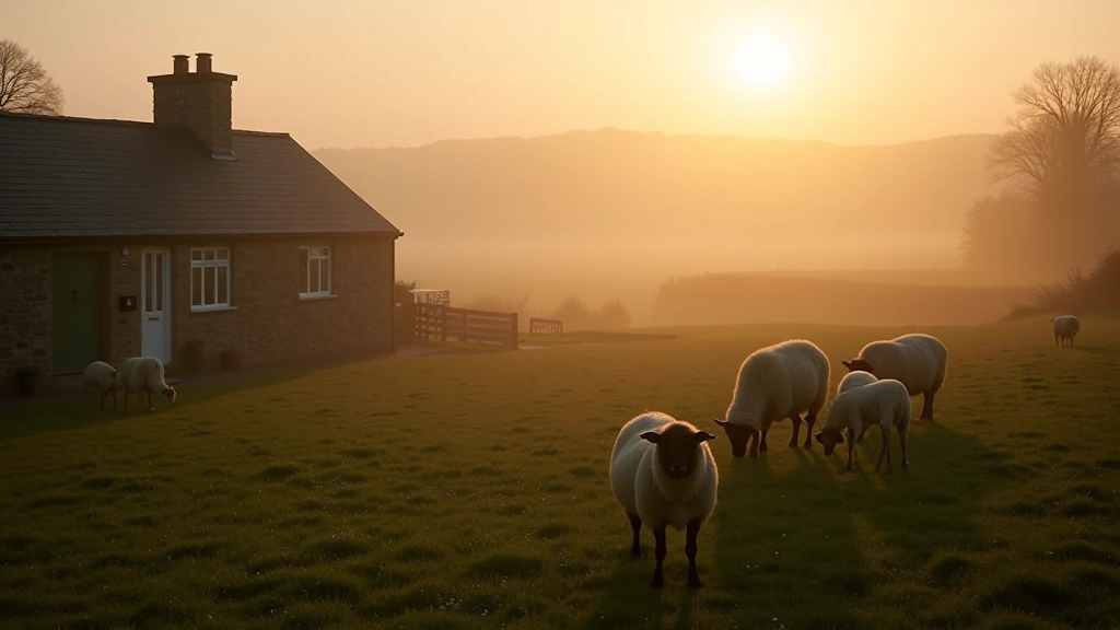 Early morning misty Irish farmyard with stone walls, sheep grazing in background, traditional farm buildings with weathered stone and slate roofs