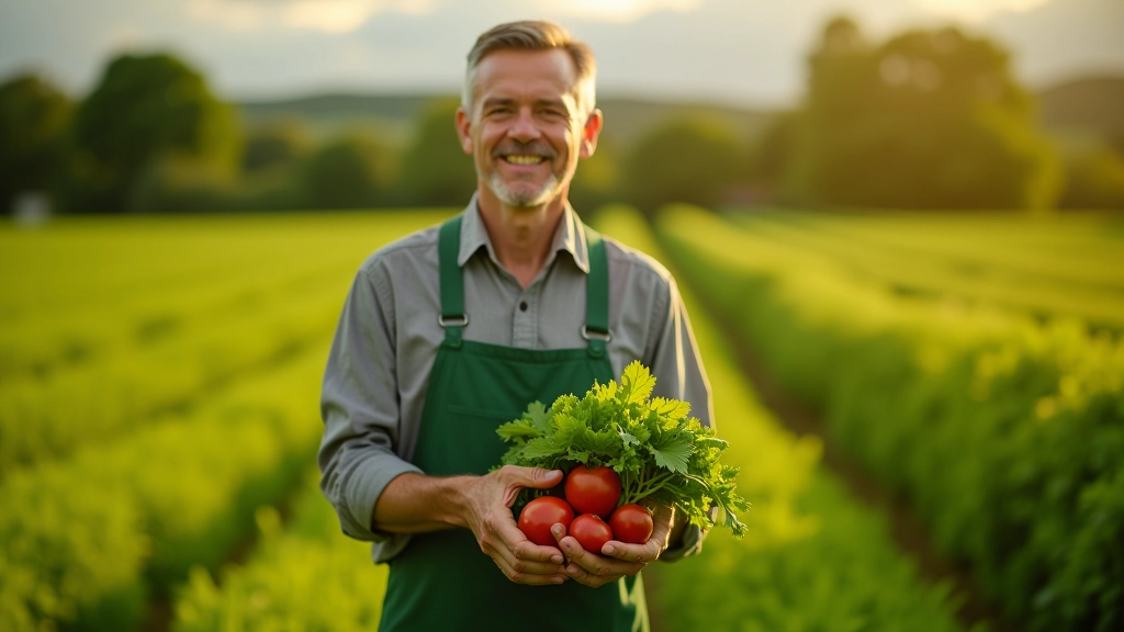 Farmer in work clothes standing in a vegetable field holding freshly harvested produce, morning light, countryside setting
