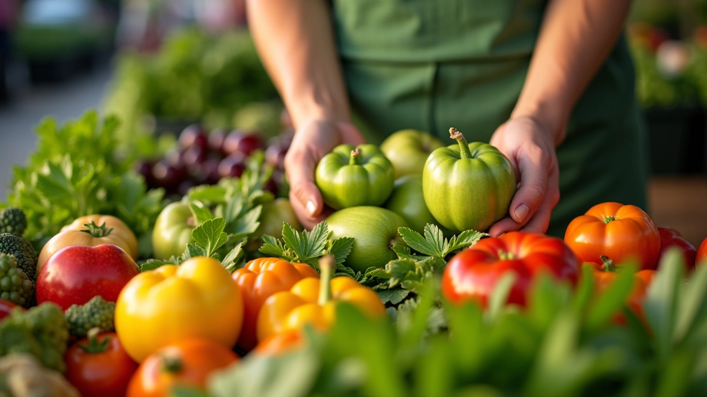 Colorful organic vegetables including tomatoes, lettuce, and root vegetables displayed at a farmers market in West Cork, natural daylight