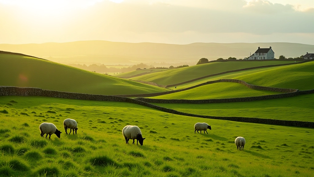 Scenic rolling green hills with stone walls and grazing sheep in West Cork countryside