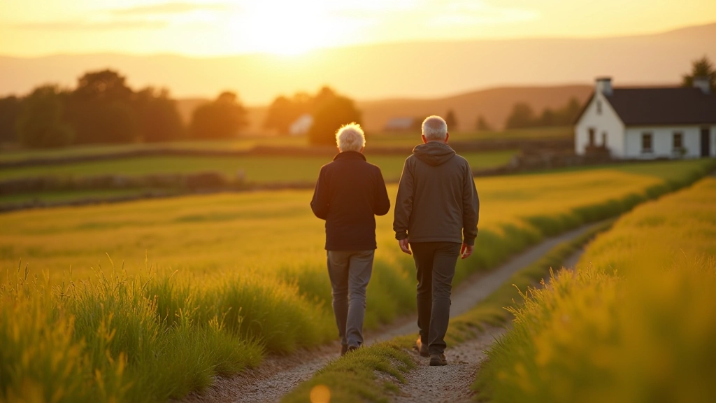 Senior visitors walking with a local guide through a rural Irish farm setting