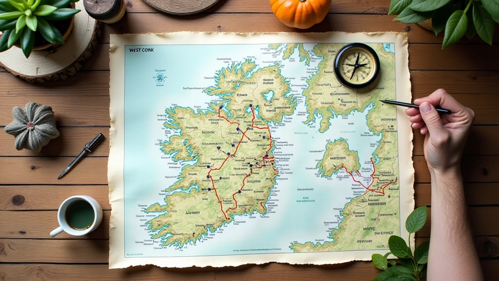 Map of West Cork region showing farm locations, scenic countryside roads, small villages marked, hiking route indicators