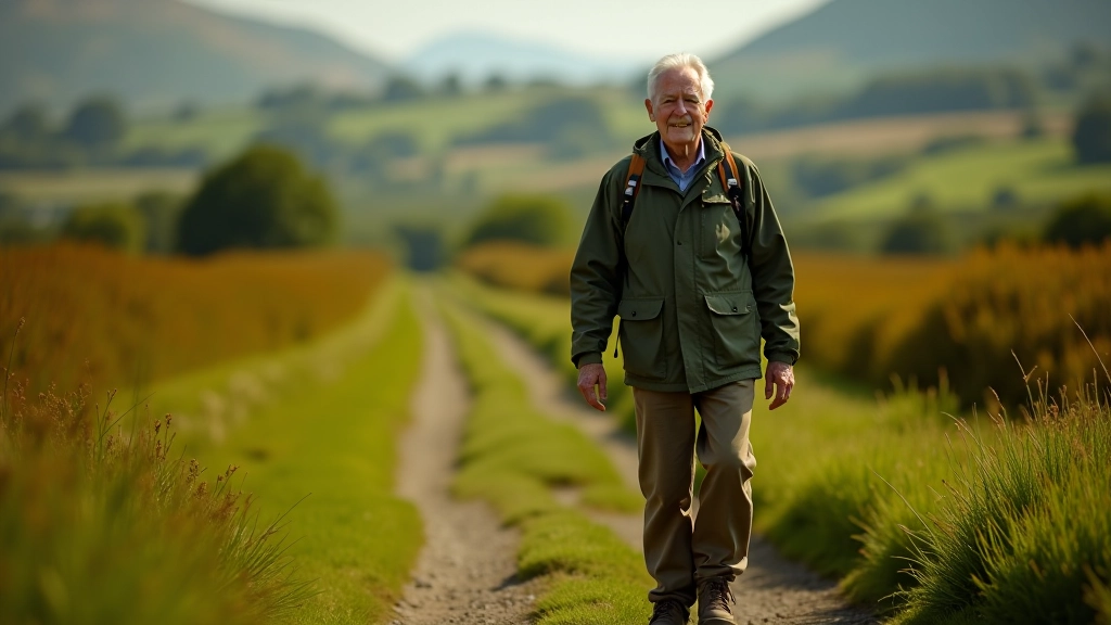 Person in hiking boots standing on country path, wearing comfortable walking clothes, countryside background, sunny day