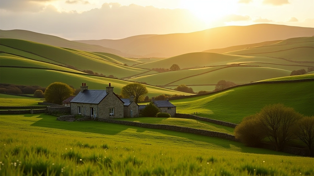 Picturesque Irish rural countryside with traditional farm buildings nestled in rolling green hills during golden hour