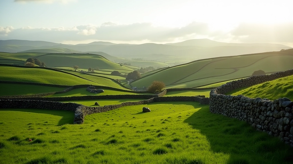 Rural Irish countryside with rolling green fields and stone walls