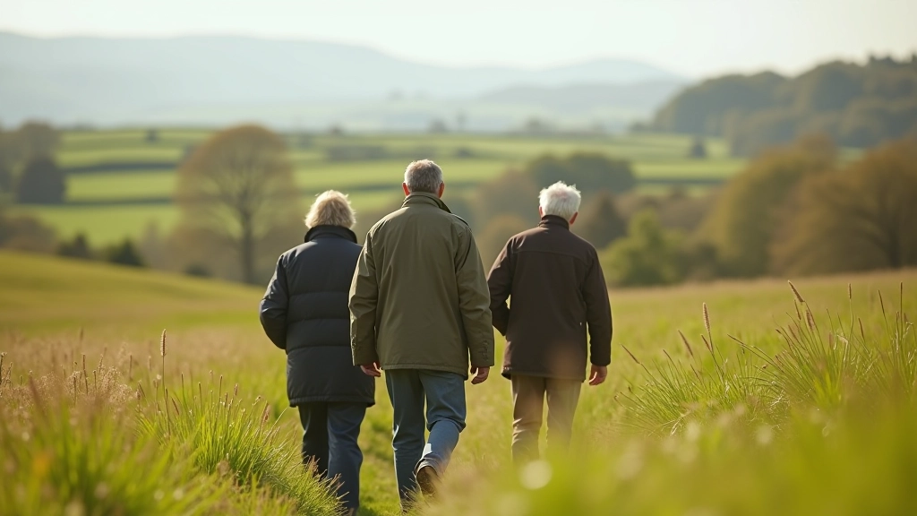 Seniors on a guided farm walk through authentic Irish countryside with experienced guide pointing out agricultural features