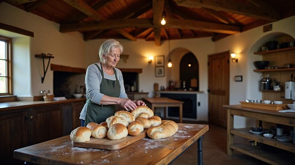 Indoor farmhouse kitchen with traditional cooking setup and senior visitors