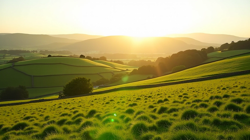 Scenic Irish countryside with rolling green hills, stone walls, and traditional farmland in West Cork