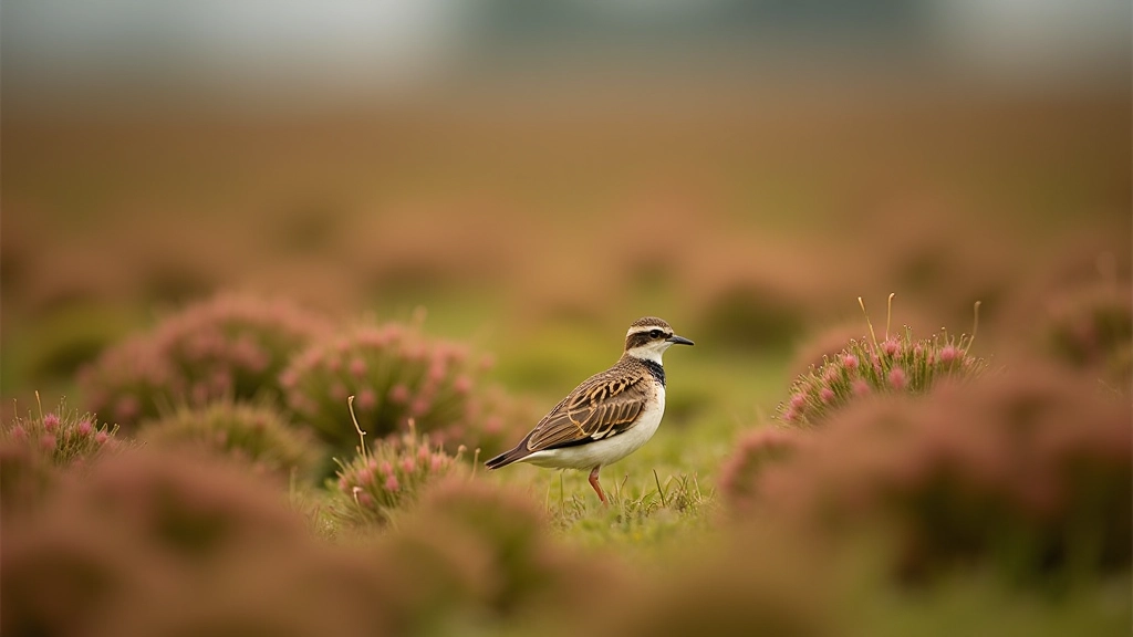 Golden plover and other bog birds in natural habitat among heather and bog plants